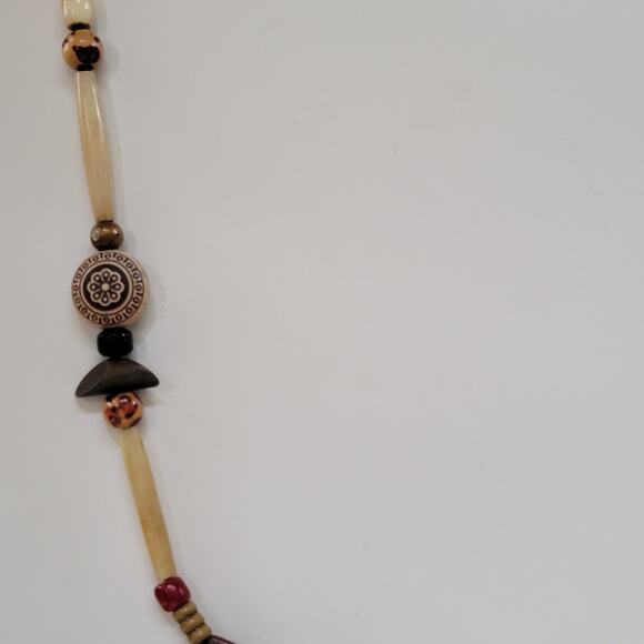 Tribal Boho Beaded Necklace With Carved Wood Bone Style Beads And Earthy Accents - Picture 5 of 10